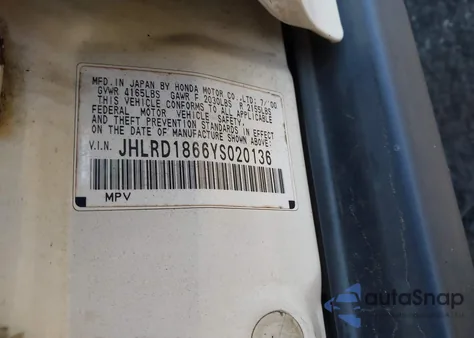 2000 Honda Cr-V Ex z USA, uszkodzony, nr VIN JHLRD1866YS020136